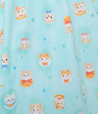 Unique Vintage Baby Blue Cat Print Swing Dress