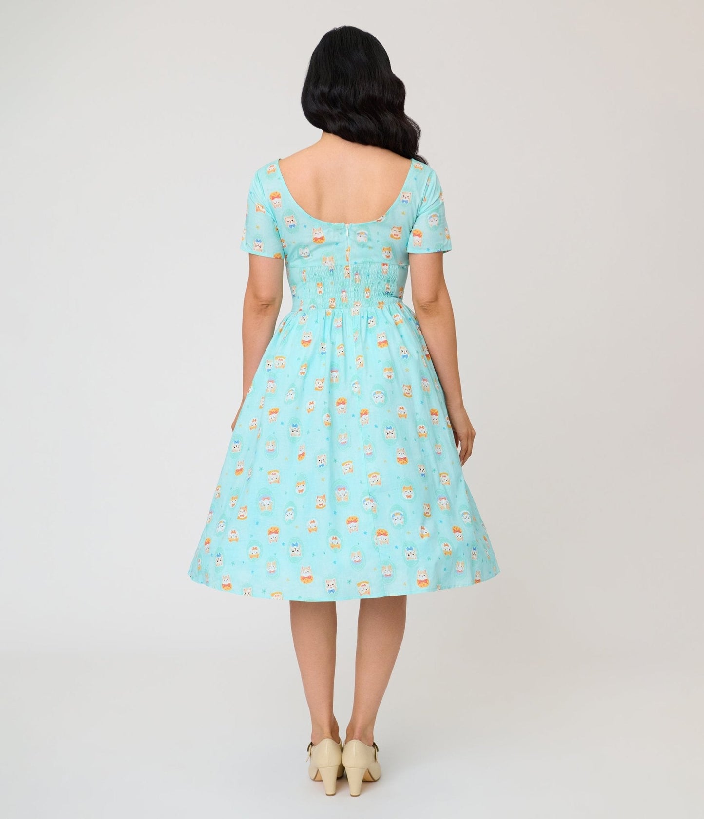Unique Vintage Baby Blue Cat Print Swing Dress