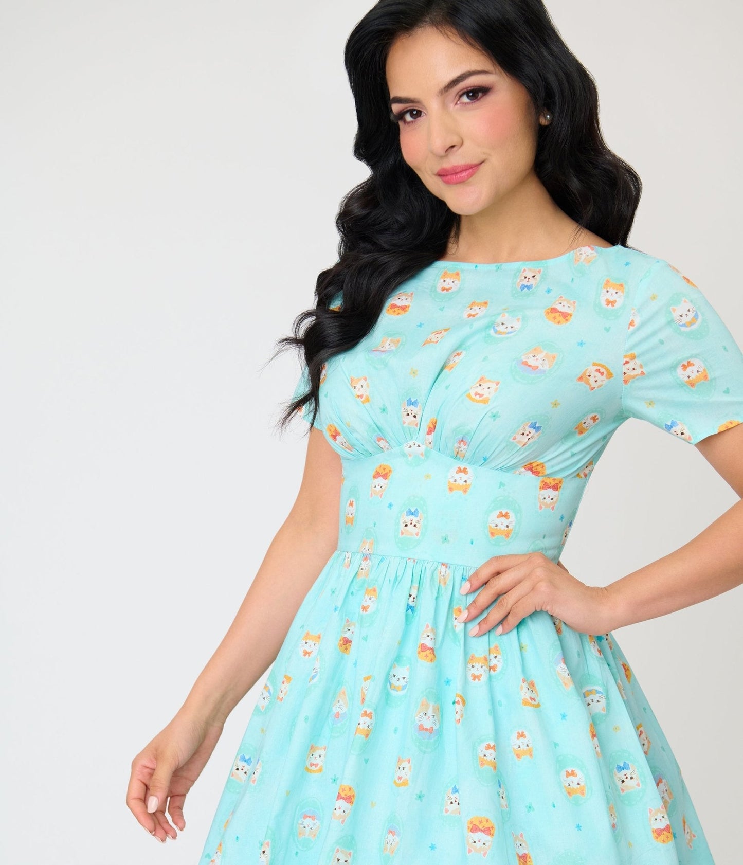 Unique Vintage Baby Blue Cat Print Swing Dress
