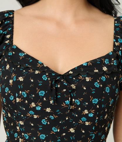 Unique Vintage Black & Blue Floral Puff Sleeve Midi Dress