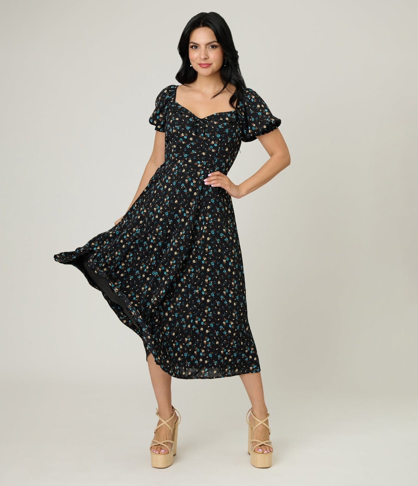 Unique Vintage Black & Blue Floral Puff Sleeve Midi Dress