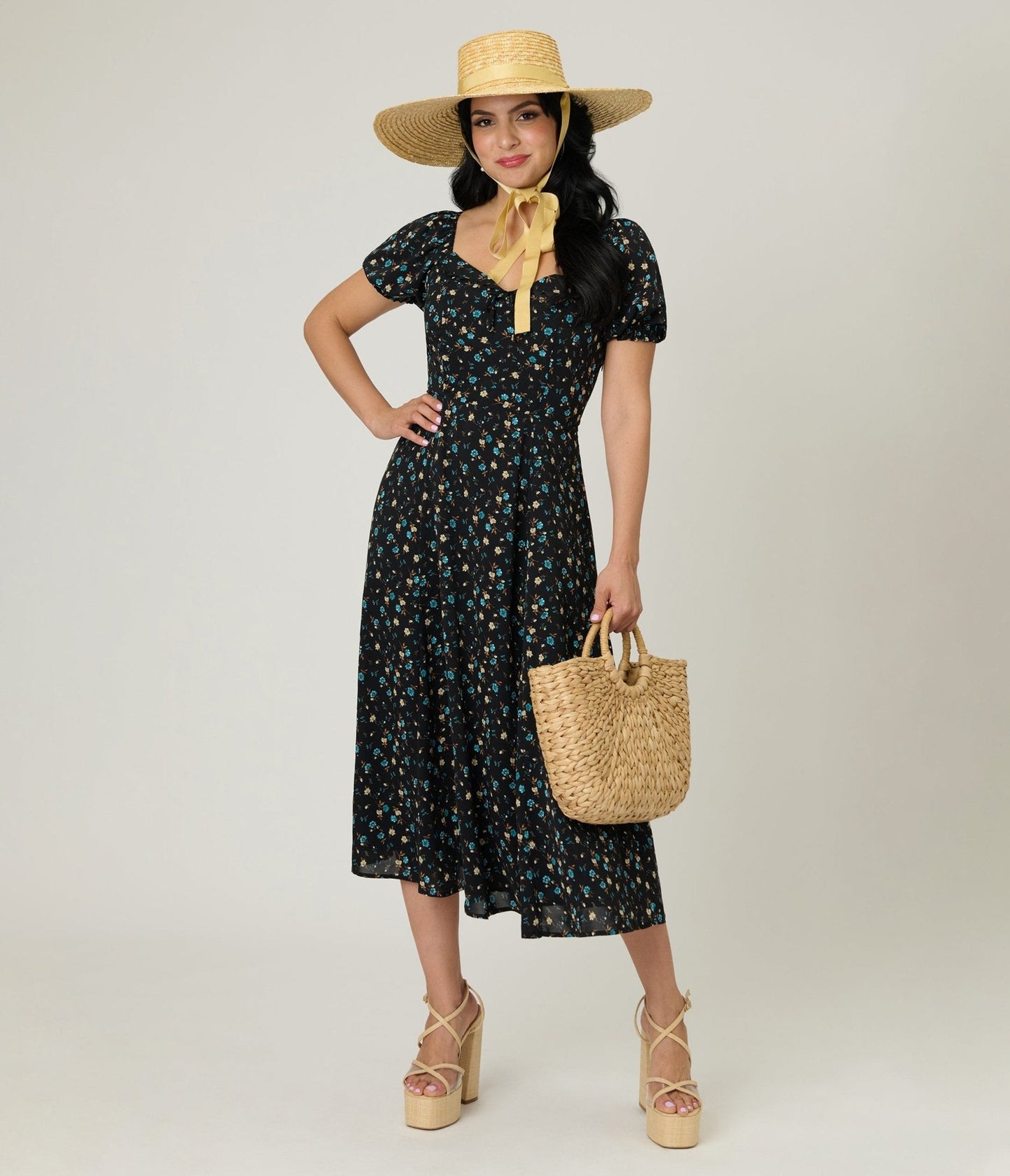 Unique Vintage Black & Blue Floral Puff Sleeve Midi Dress