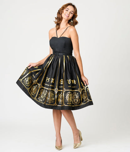 Unique Vintage Black & Gold Astrological Chart Sweetheart Halter Swing Dress