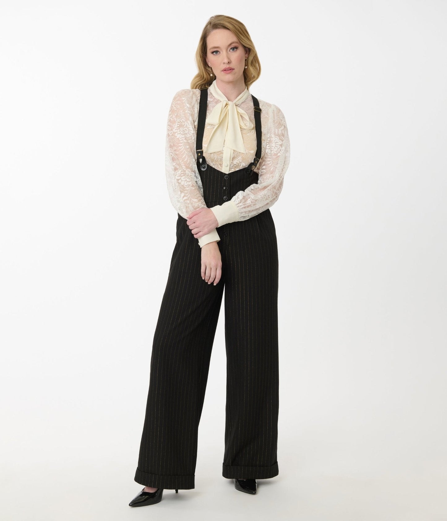 Unique Vintage Black & Gold Pinstripe Thelma Suspender Pants