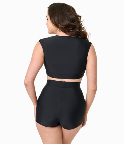 Unique Vintage Black High Waist Swim Shorts