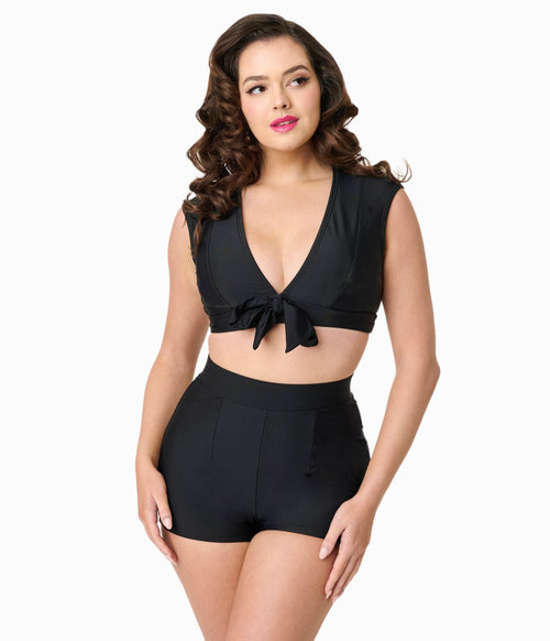 Unique Vintage Black High Waist Swim Shorts