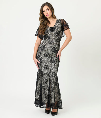 Unique Vintage Black Lace & Nude Lining Flutter Sleeve Gown