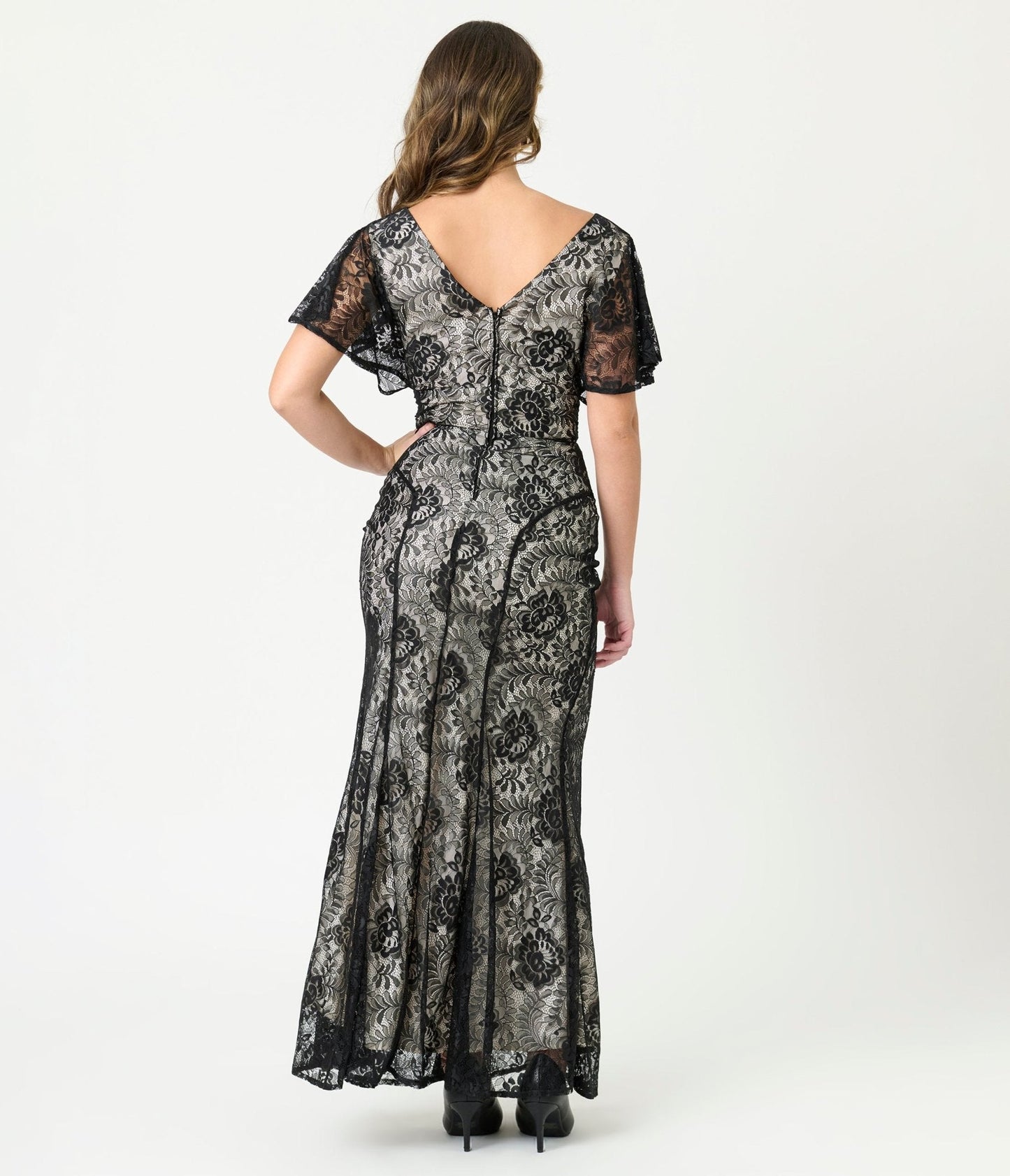Unique Vintage Black Lace & Nude Lining Flutter Sleeve Gown