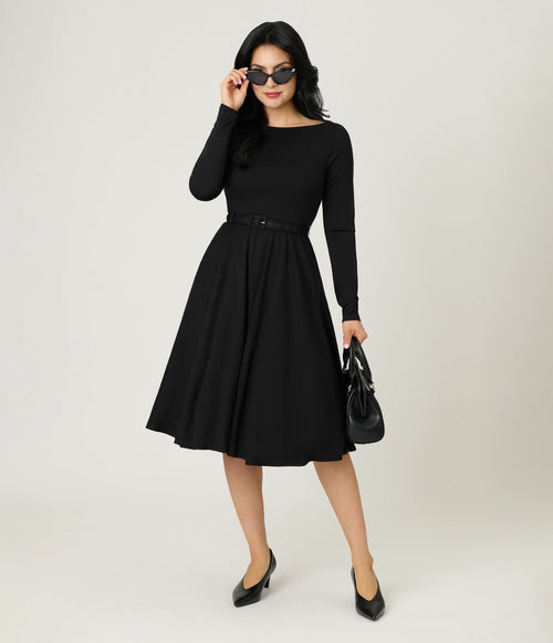 Unique Vintage Black Long Sleeve Devon Swing Dress