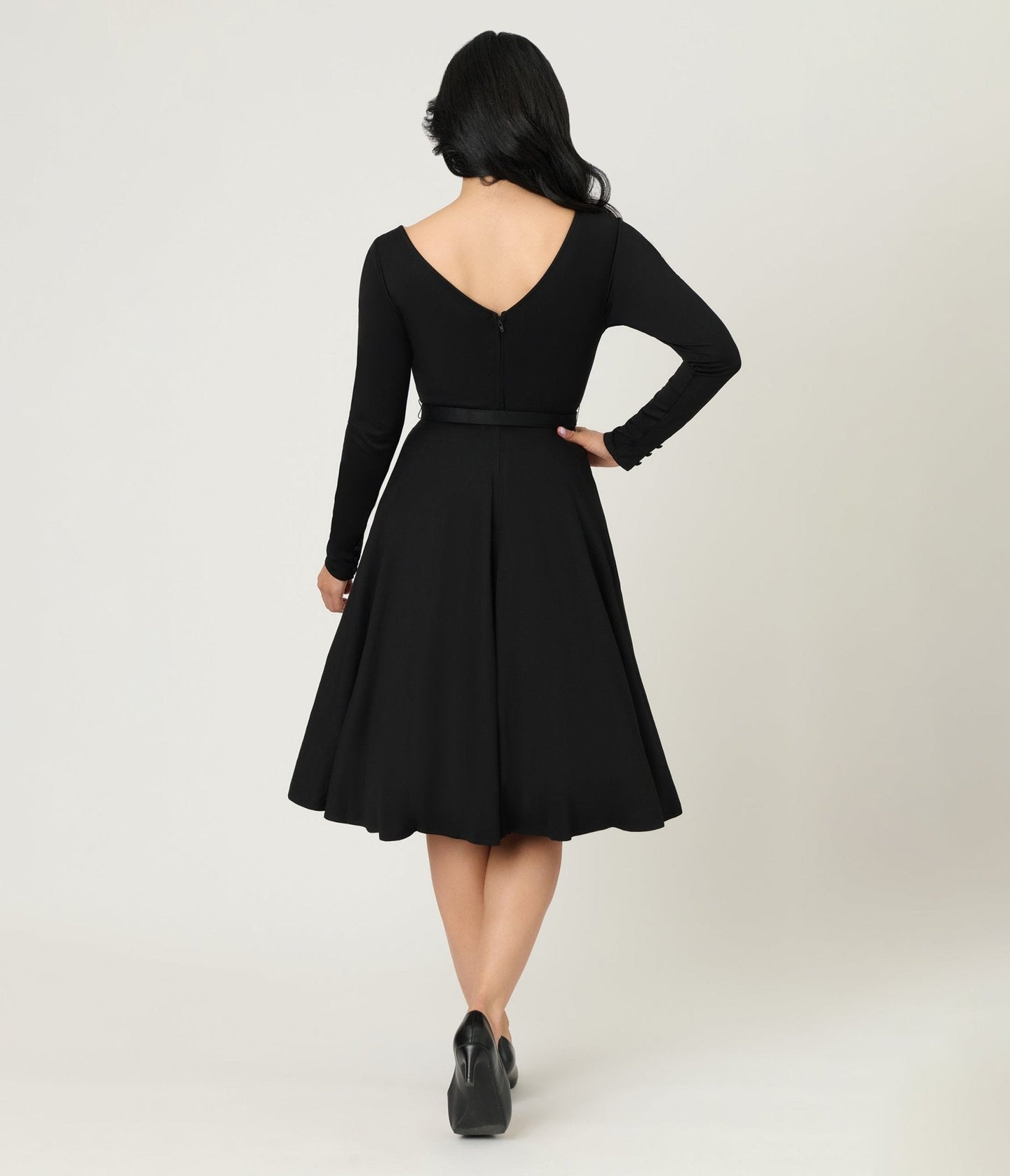 Unique Vintage Black Long Sleeve Devon Swing Dress