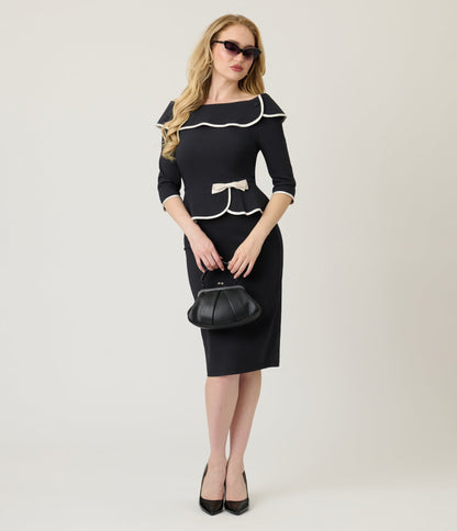 Unique Vintage Black Peplum Suit Pencil Dress