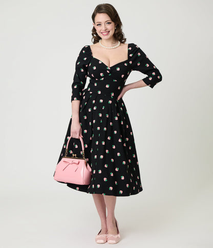 Unique Vintage Black & Pink Strawberry Lamar Swing Dress