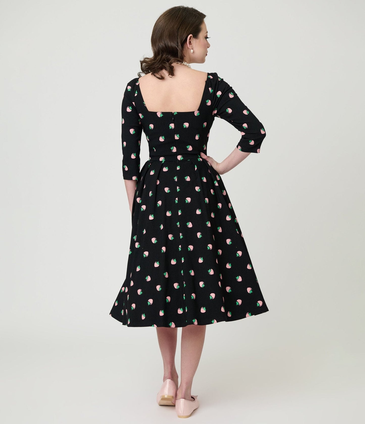 Unique Vintage Black & Pink Strawberry Lamar Swing Dress