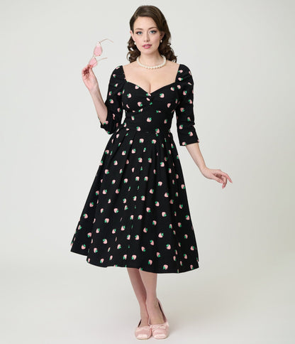 Unique Vintage Black & Pink Strawberry Lamar Swing Dress