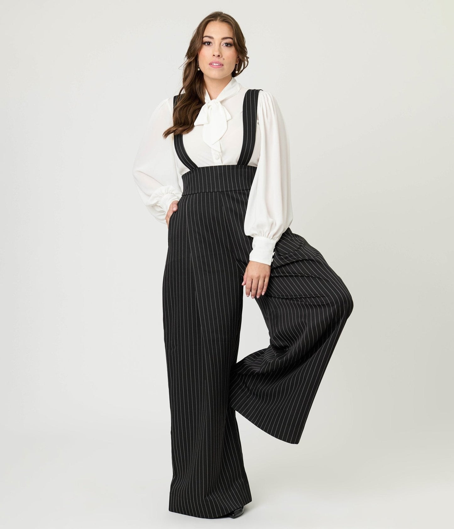 Unique Vintage Black Pinstripe Rochelle Suspender Pants