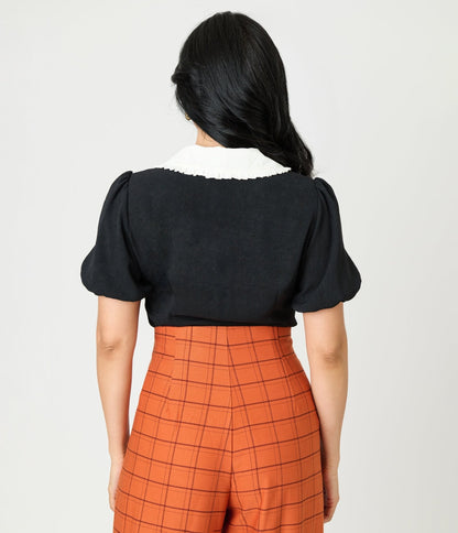 Unique Vintage Black Pumpkin Embroidered Oversized Collar Blouse