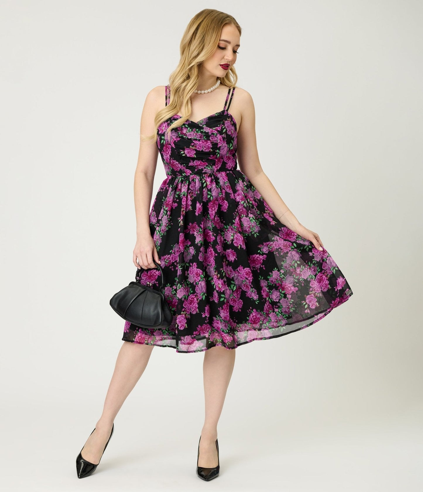 Unique Vintage Black & Purple Floral Reed Swing Dress