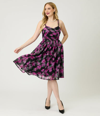 Unique Vintage Black & Purple Floral Reed Swing Dress