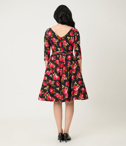 Unique Vintage Black & Red Cabbage Rose Devon Swing Dress