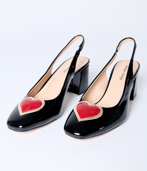 Unique Vintage Black & Red Heart Leatherette Slingback Heels