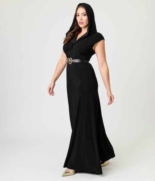 Unique Vintage Black Shimmer Snake Hooded Maxi Dress