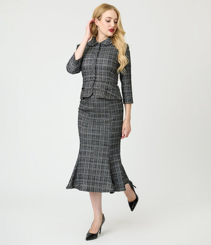 Unique Vintage Black & White Plaid Boucle Peplum Jacket