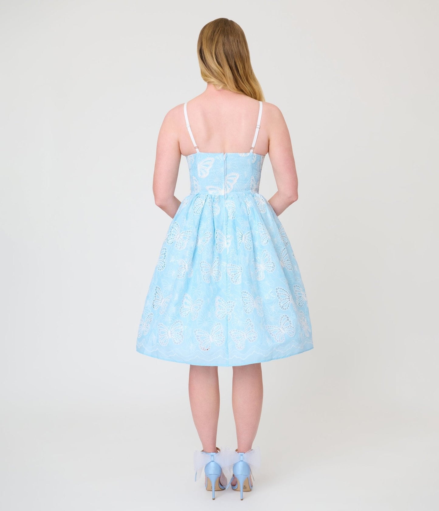 Unique Vintage Blue Butterfly Eyelet Swing Dress