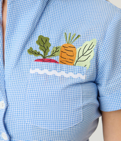 Unique Vintage Blue Gingham & Veggie Embroidery Shirley Crop Top