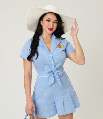 Unique Vintage Blue Gingham & Veggie Embroidery Shirley Crop Top