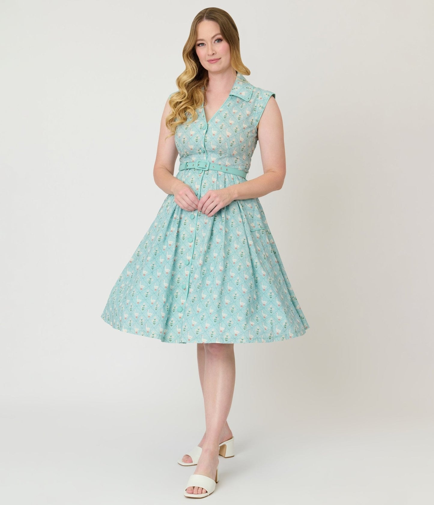 Unique Vintage Blue & Goose Print Cotton Shirt Swing Dress