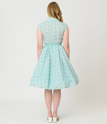 Unique Vintage Blue & Goose Print Cotton Shirt Swing Dress
