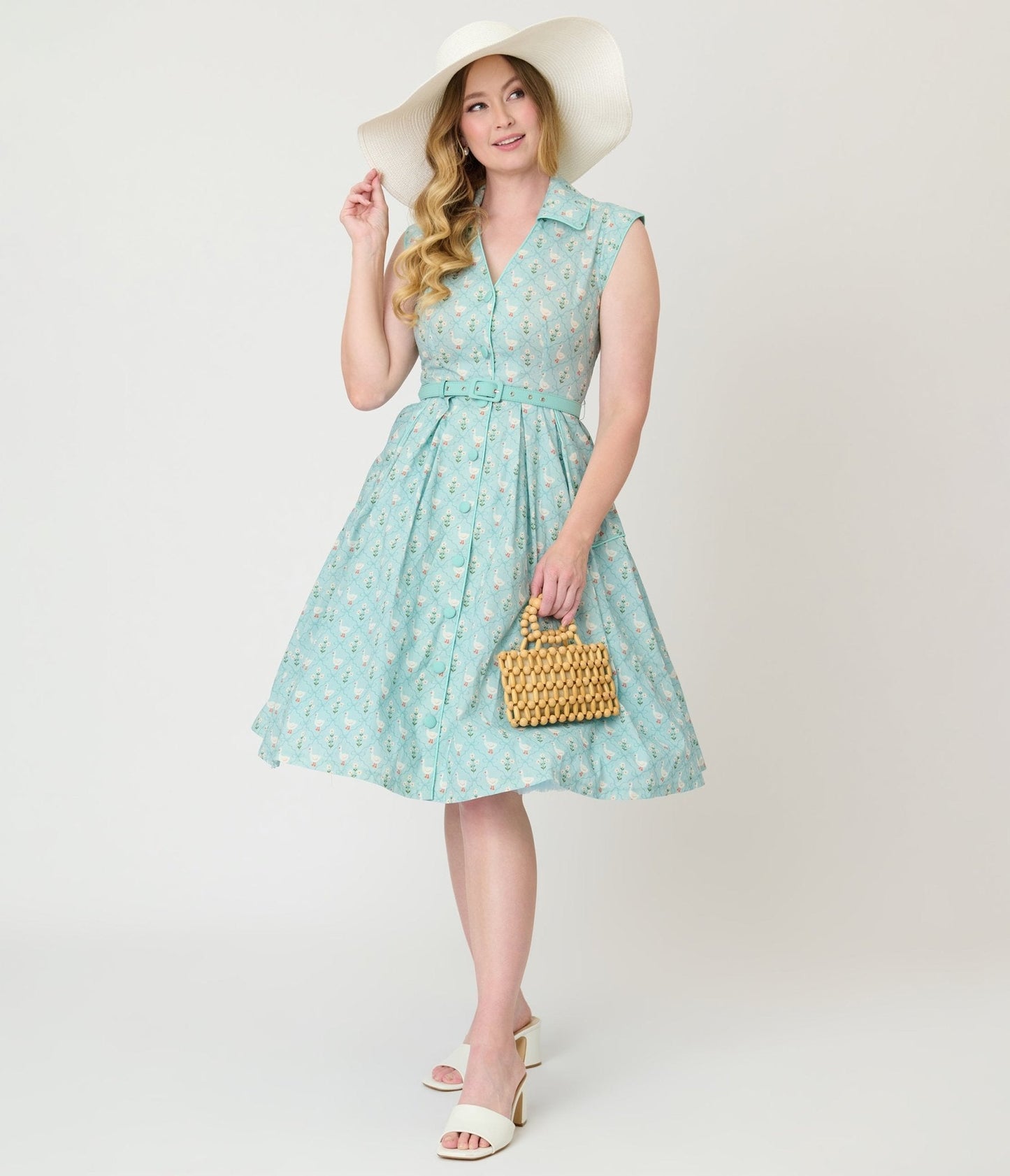 Unique Vintage Blue & Goose Print Cotton Shirt Swing Dress