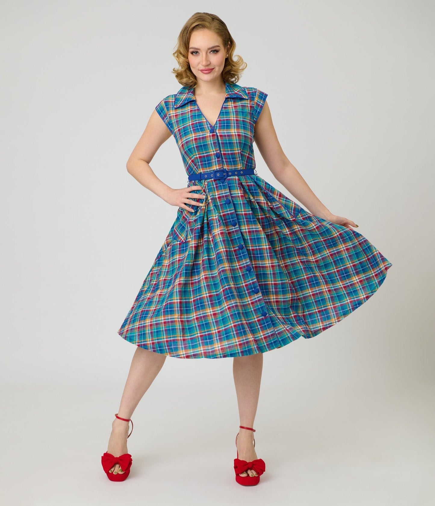 Unique Vintage Blue Madras Plaid Shirt Swing Dress