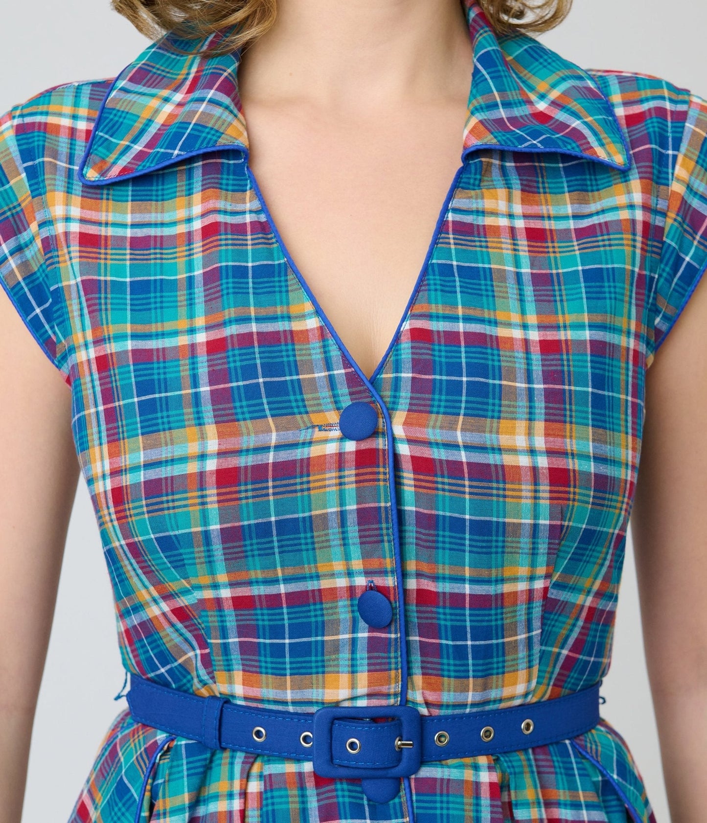 Unique Vintage Blue Madras Plaid Shirt Swing Dress
