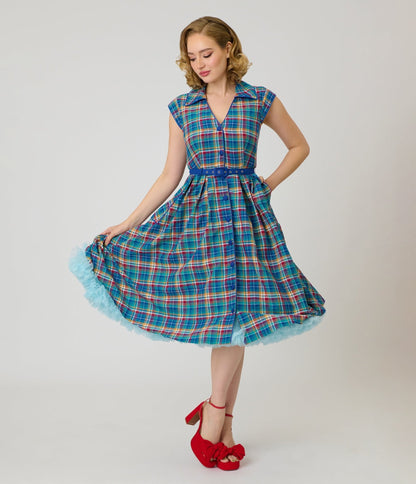 Unique Vintage Blue Madras Plaid Shirt Swing Dress