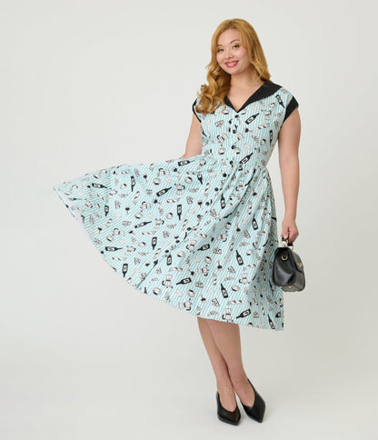 Unique Vintage Blue Stripe & Paris Cafe Print Swing Dress