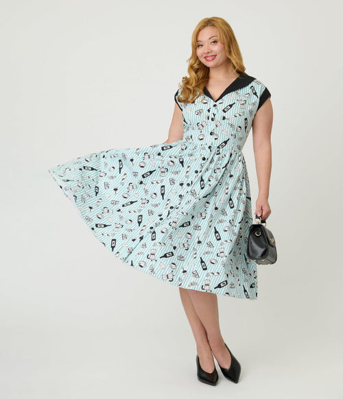 Unique Vintage Blue Stripe & Paris Cafe Print Swing Dress