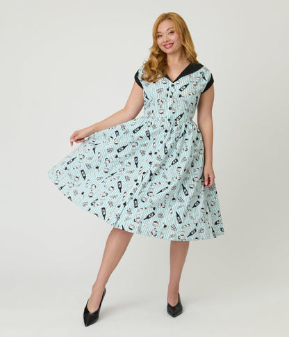 Unique Vintage Blue Stripe & Paris Cafe Print Swing Dress