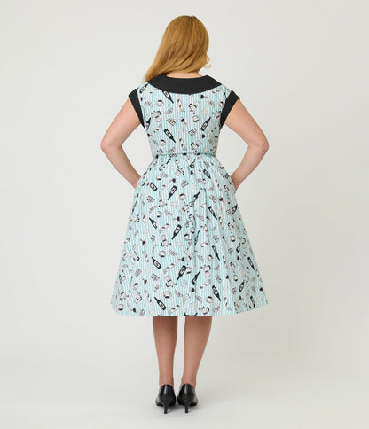 Unique Vintage Blue Stripe & Paris Cafe Print Swing Dress