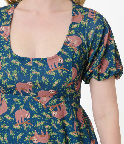 Unique Vintage Blue Summer Sloth Print Fit & Flare Dress