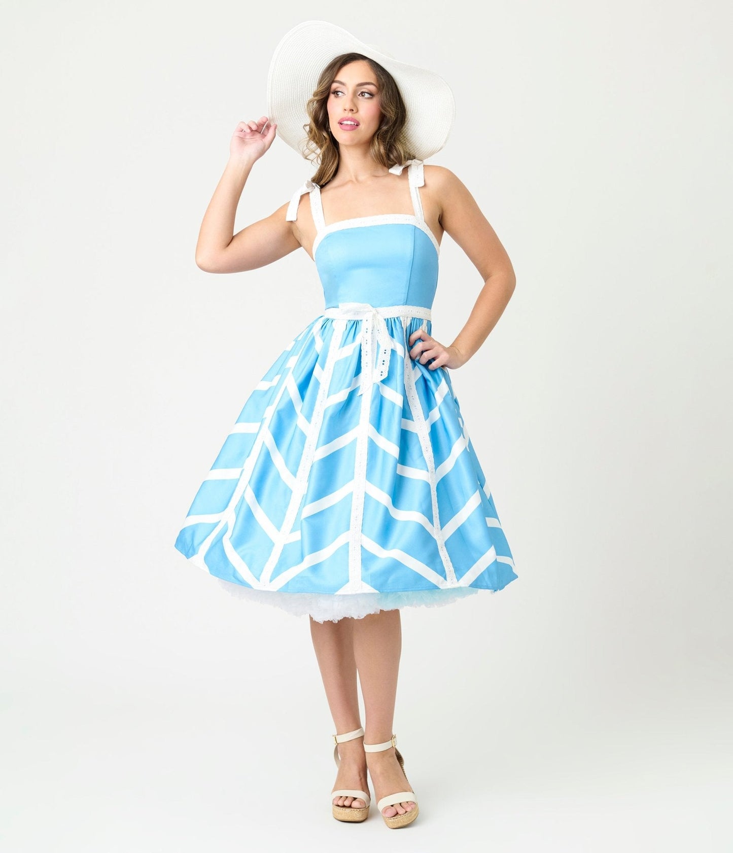 Unique Vintage Blue & White Chevron Eyelet Swing Dress