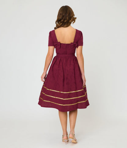 Unique Vintage Burgundy Celestial Pin Swing Dress