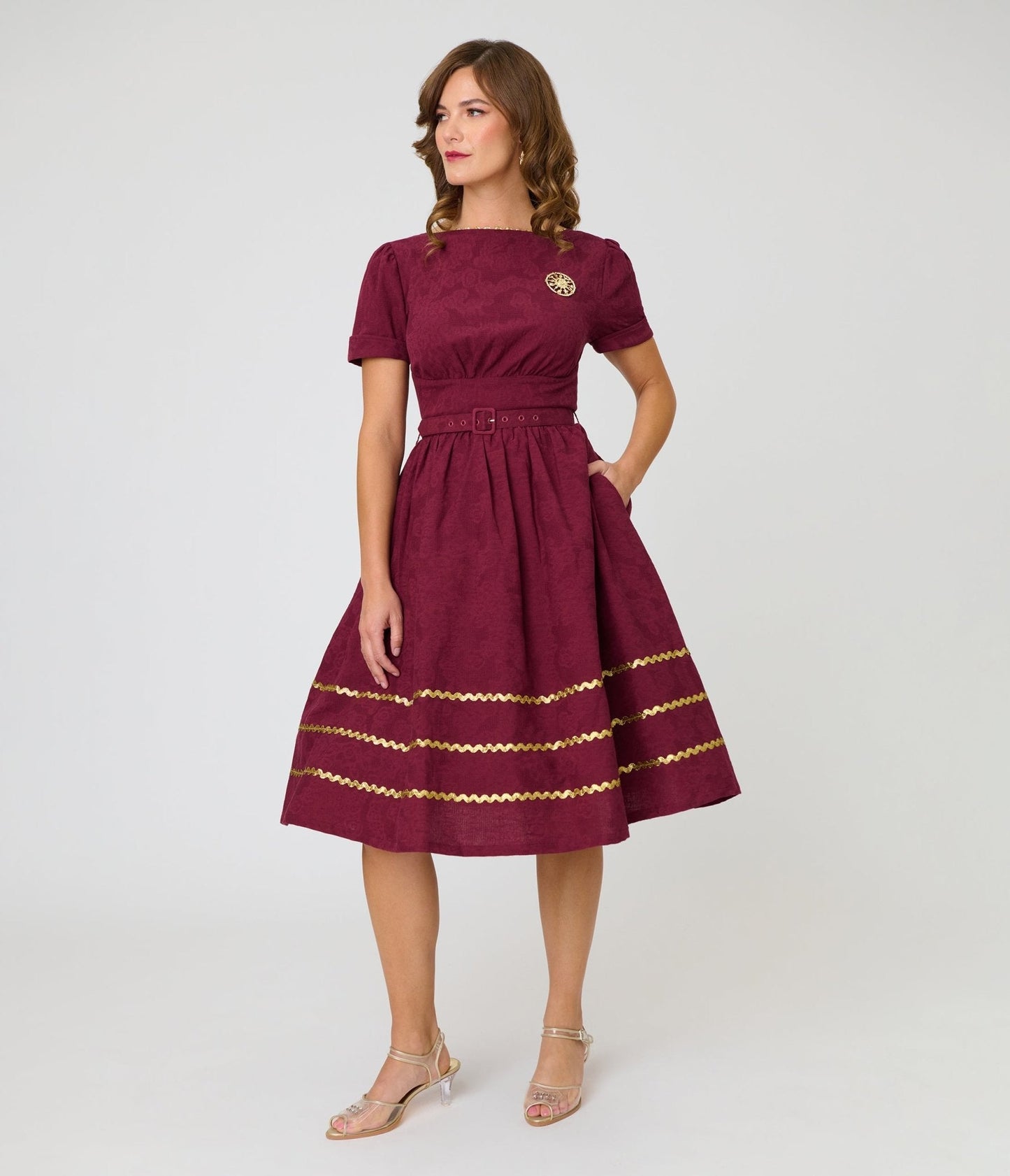 Unique Vintage Burgundy Celestial Pin Swing Dress