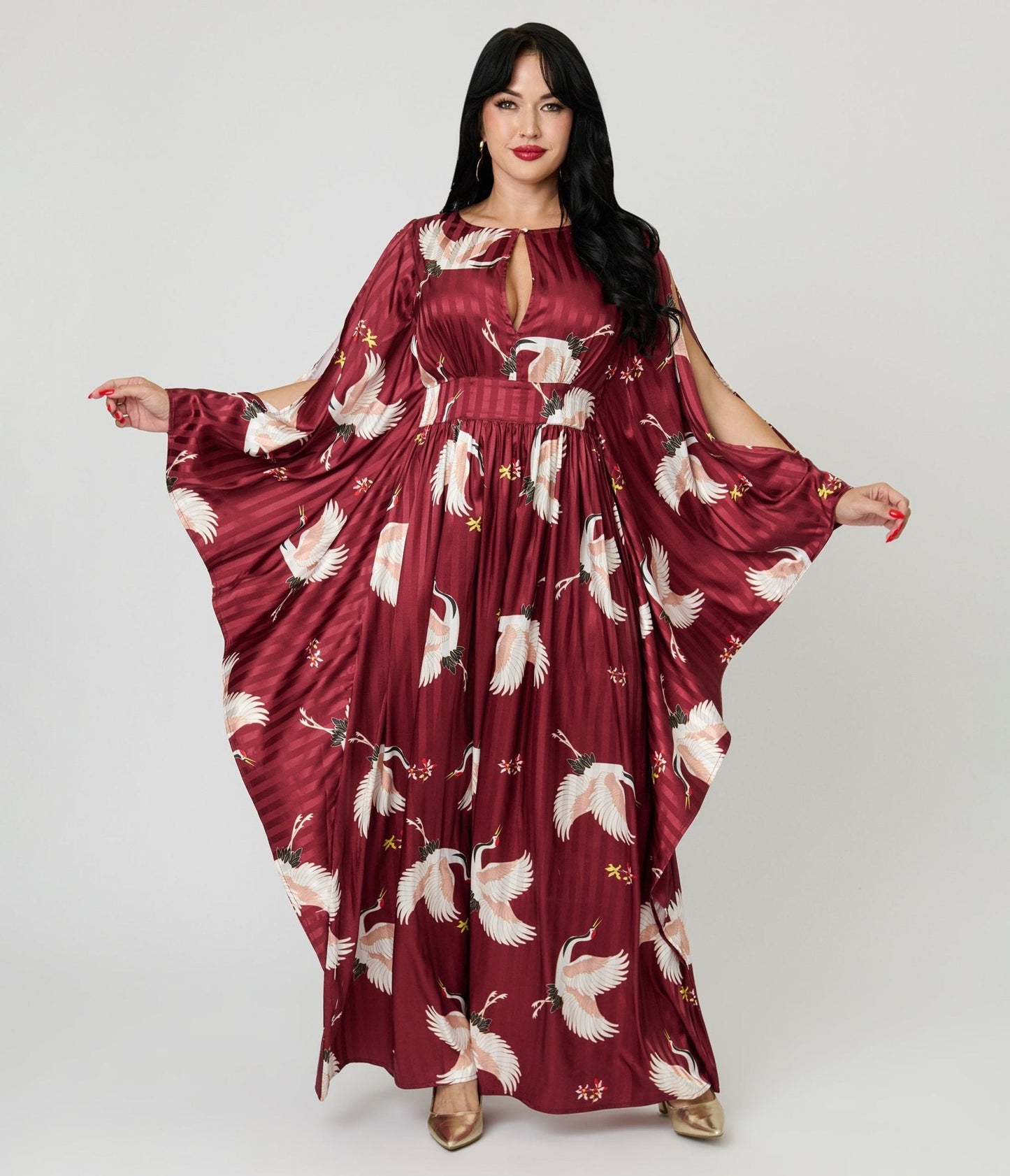 Unique Vintage Burgundy Crane Flutter Sleeve Caftan