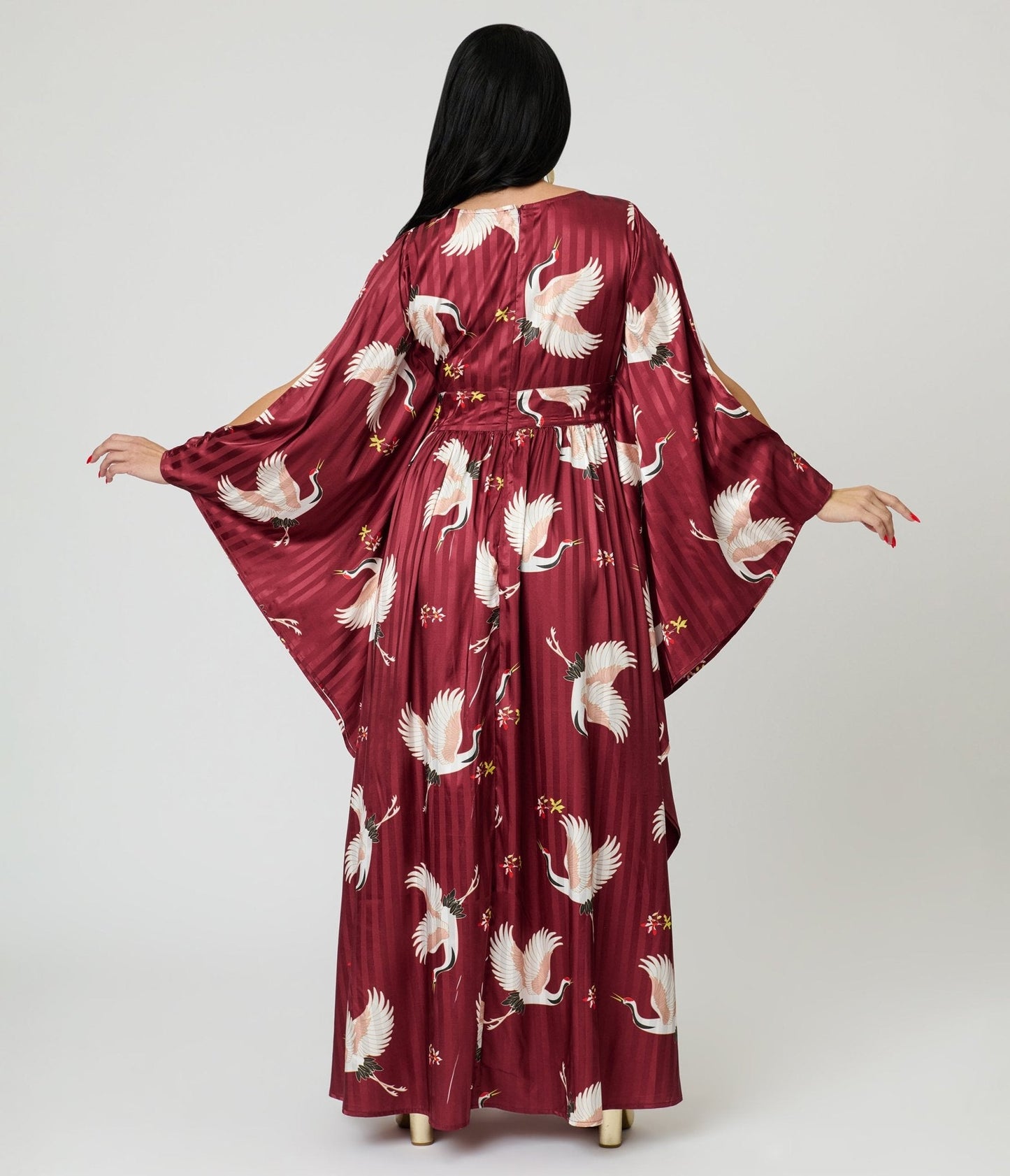 Unique Vintage Burgundy Crane Flutter Sleeve Caftan