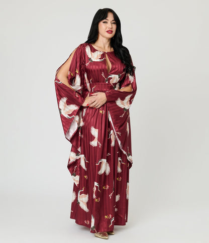 Unique Vintage Burgundy Crane Flutter Sleeve Caftan