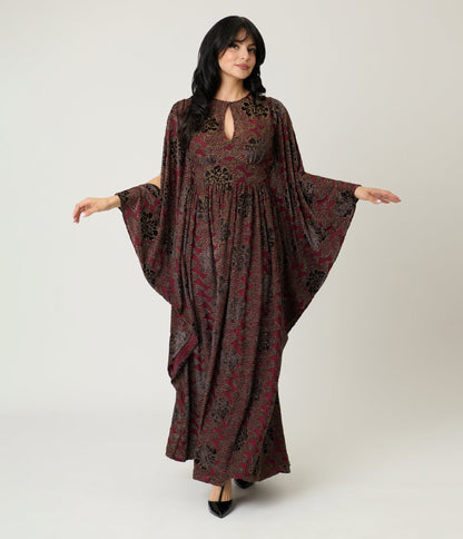 Unique Vintage Burgundy Floral Velvet Flutter Sleeve Caftan