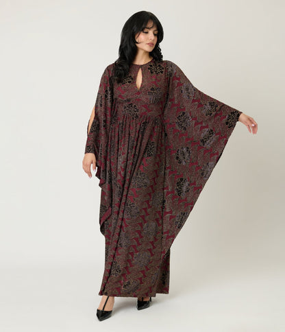 Unique Vintage Burgundy Floral Velvet Flutter Sleeve Caftan