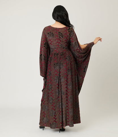 Unique Vintage Burgundy Floral Velvet Flutter Sleeve Caftan