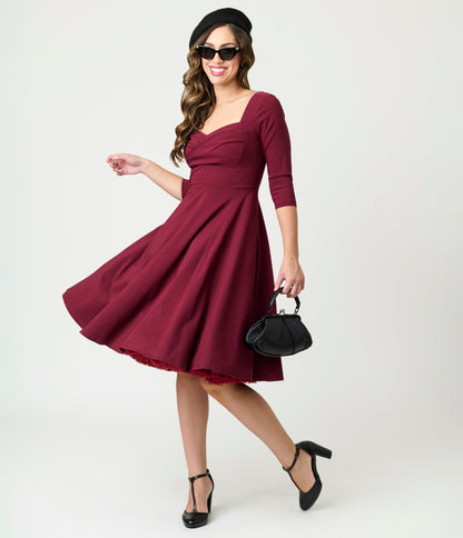 Unique Vintage Burgundy Pleated Bust Swing Dress